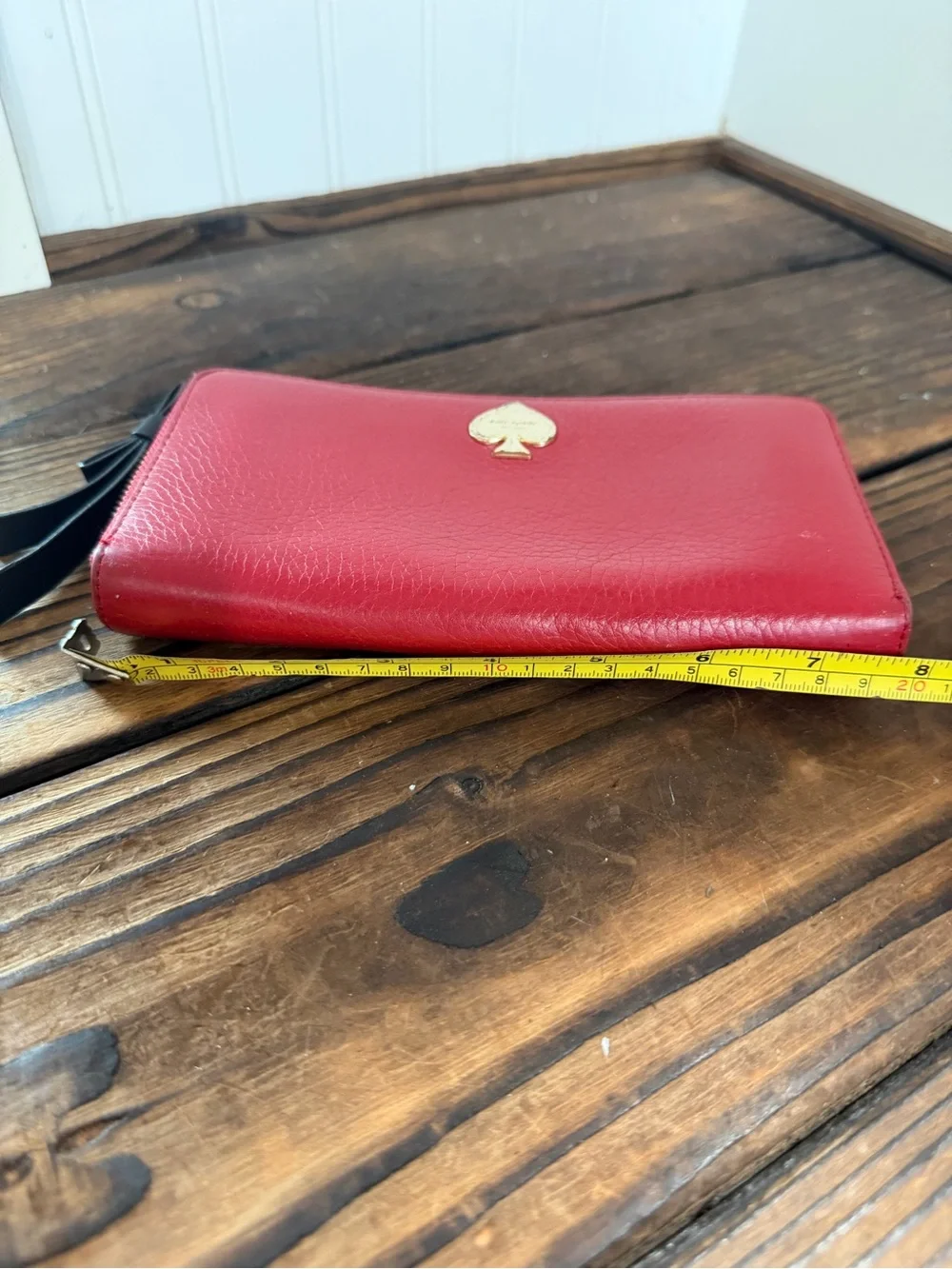 kate spade Red Pebbled Leather Zip Wallet with Bow Pull